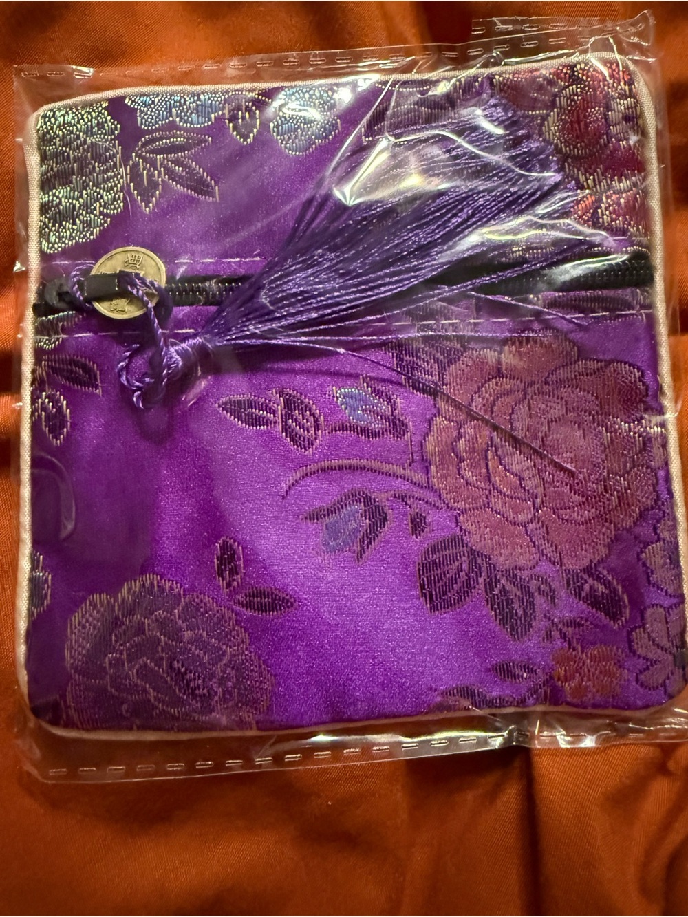 Purple Floral Satin Zip Pouch with Tassel